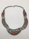 Ethnic Tribal Nepalese tribal Lapis, Red Coral & Turquoise Inlay Necklace, E242 - watangem.com