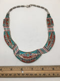 Ethnic Tribal Nepalese tribal Lapis, Red Coral & Turquoise Inlay Necklace, E242 - watangem.com