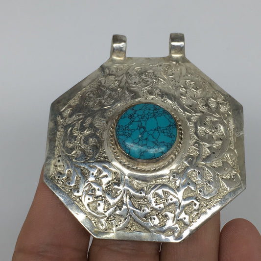 1pc,2.5"x2.4"x0.5",Turkmen Pendant Green Turquoise Inlay Octagon Shape,TN583