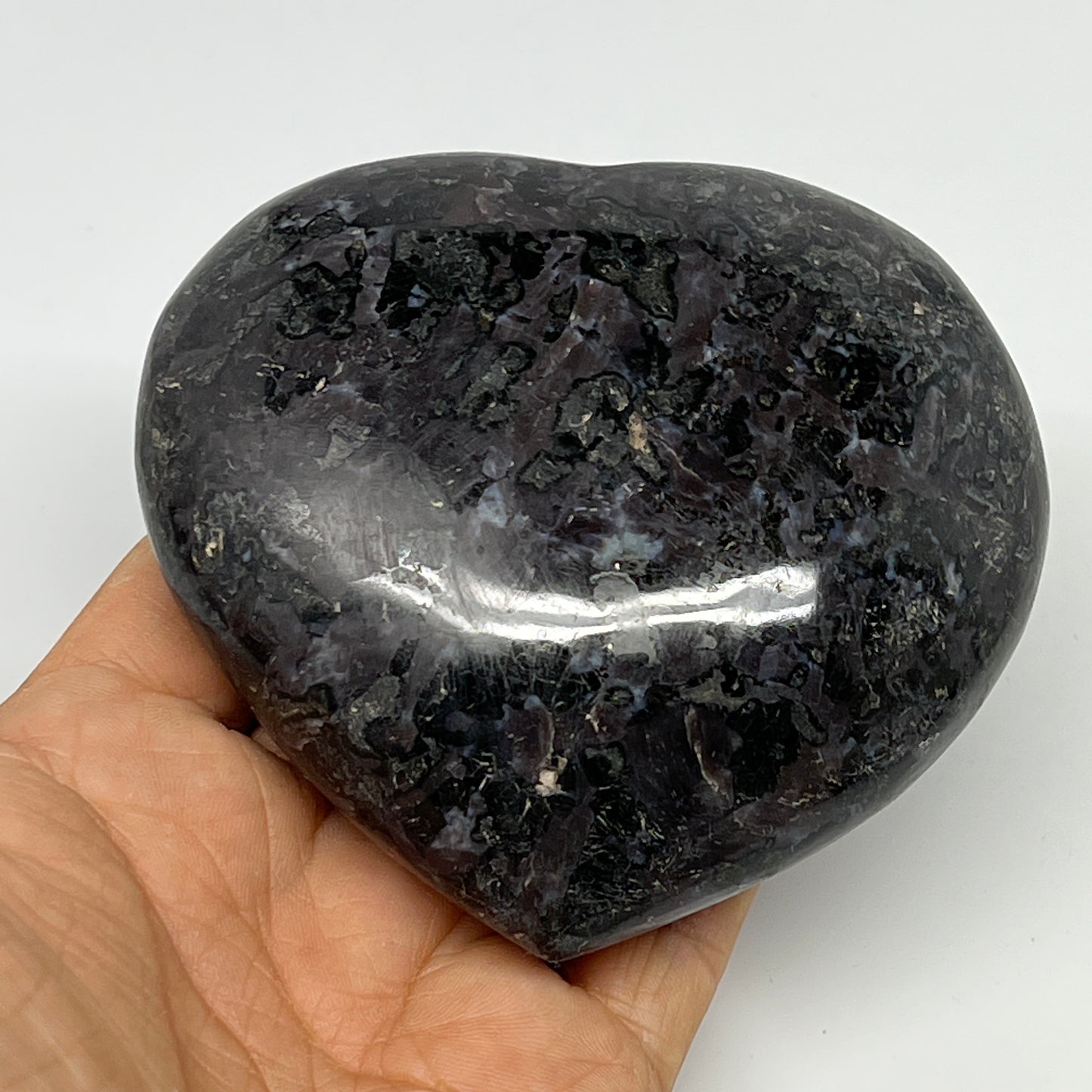 411.4g,3.4"x3.6"x1.4" Indigo Gabro Merlinite Heart Gemstone @Madagascar, B19957