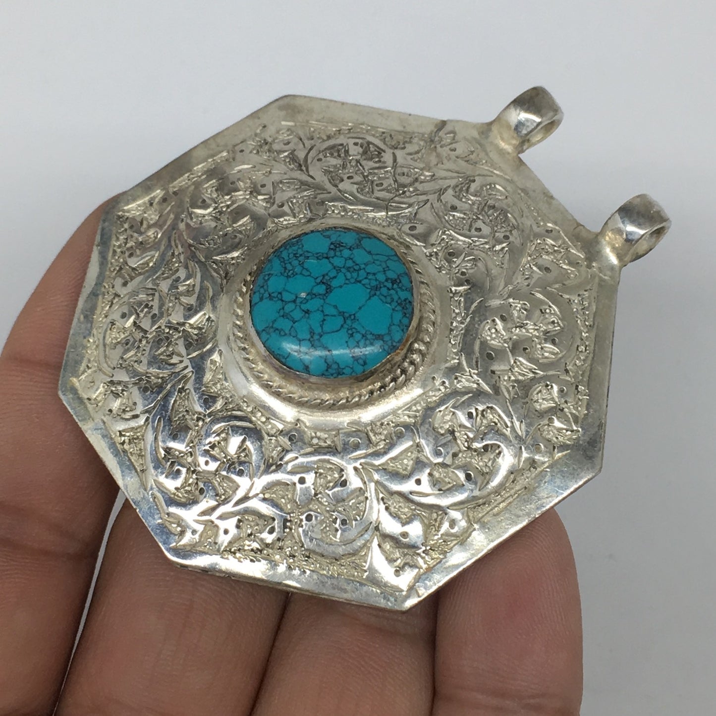 1pc,2.5"x2.4"x0.5",Turkmen Pendant Green Turquoise Inlay Octagon Shape,TN583