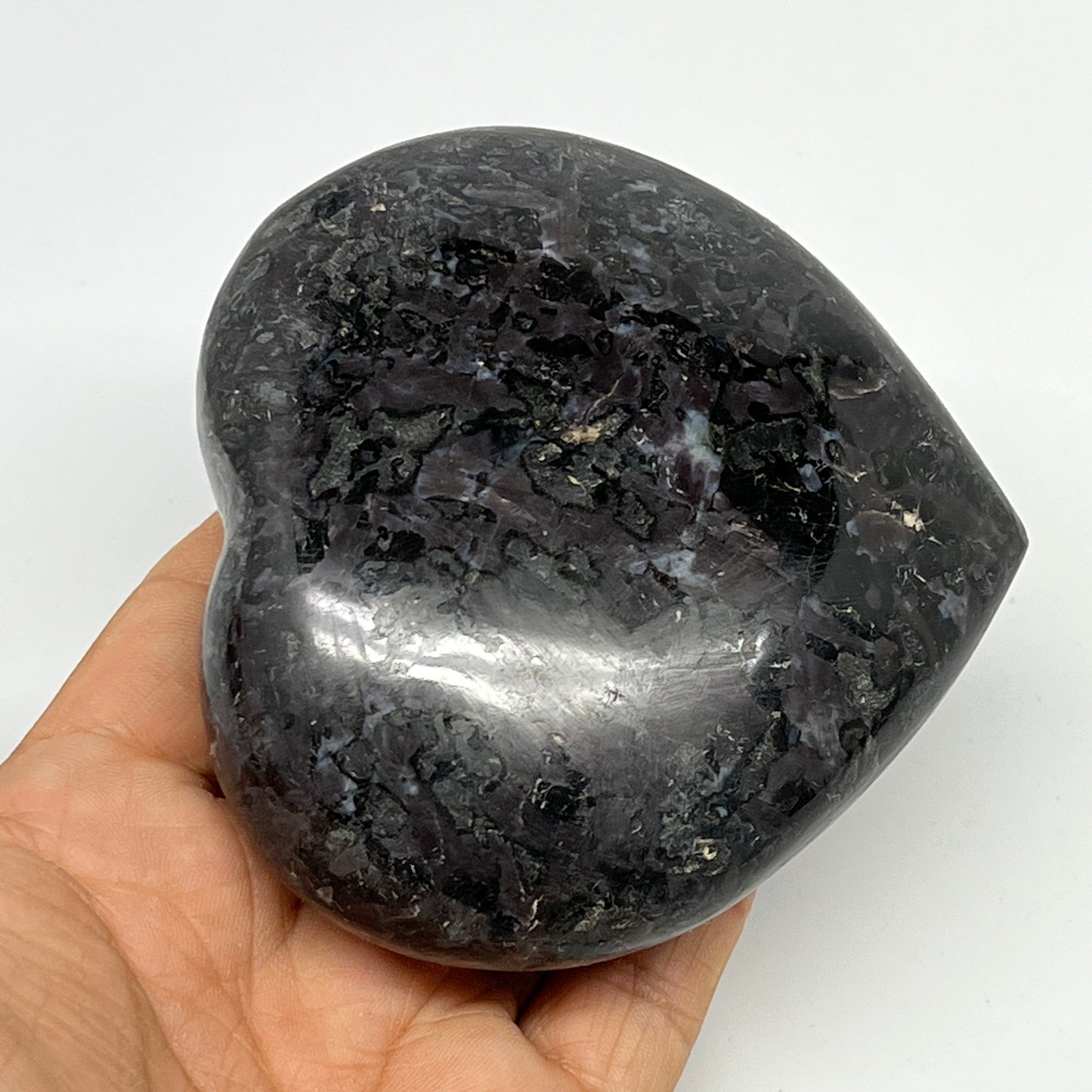 411.4g,3.4"x3.6"x1.4" Indigo Gabro Merlinite Heart Gemstone @Madagascar, B19957