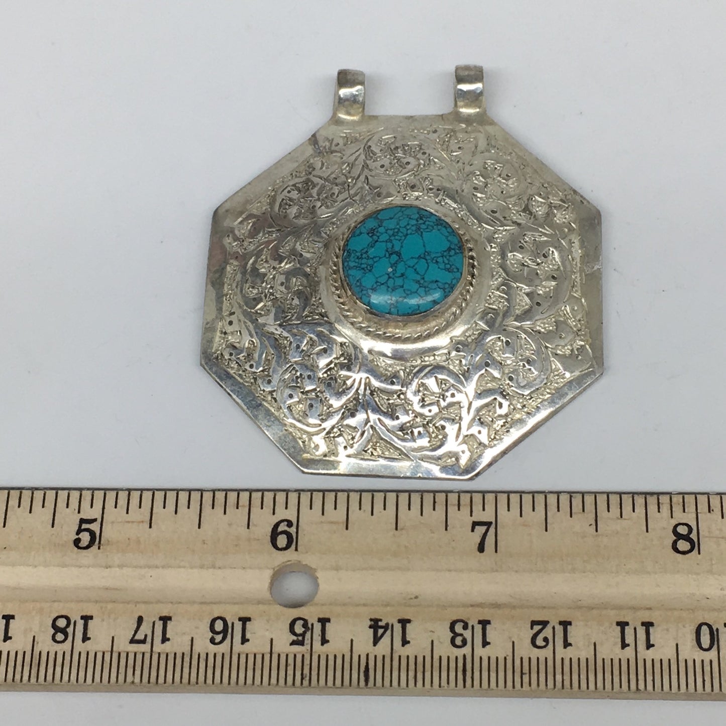 1pc,2.5"x2.4"x0.5",Turkmen Pendant Green Turquoise Inlay Octagon Shape,TN583