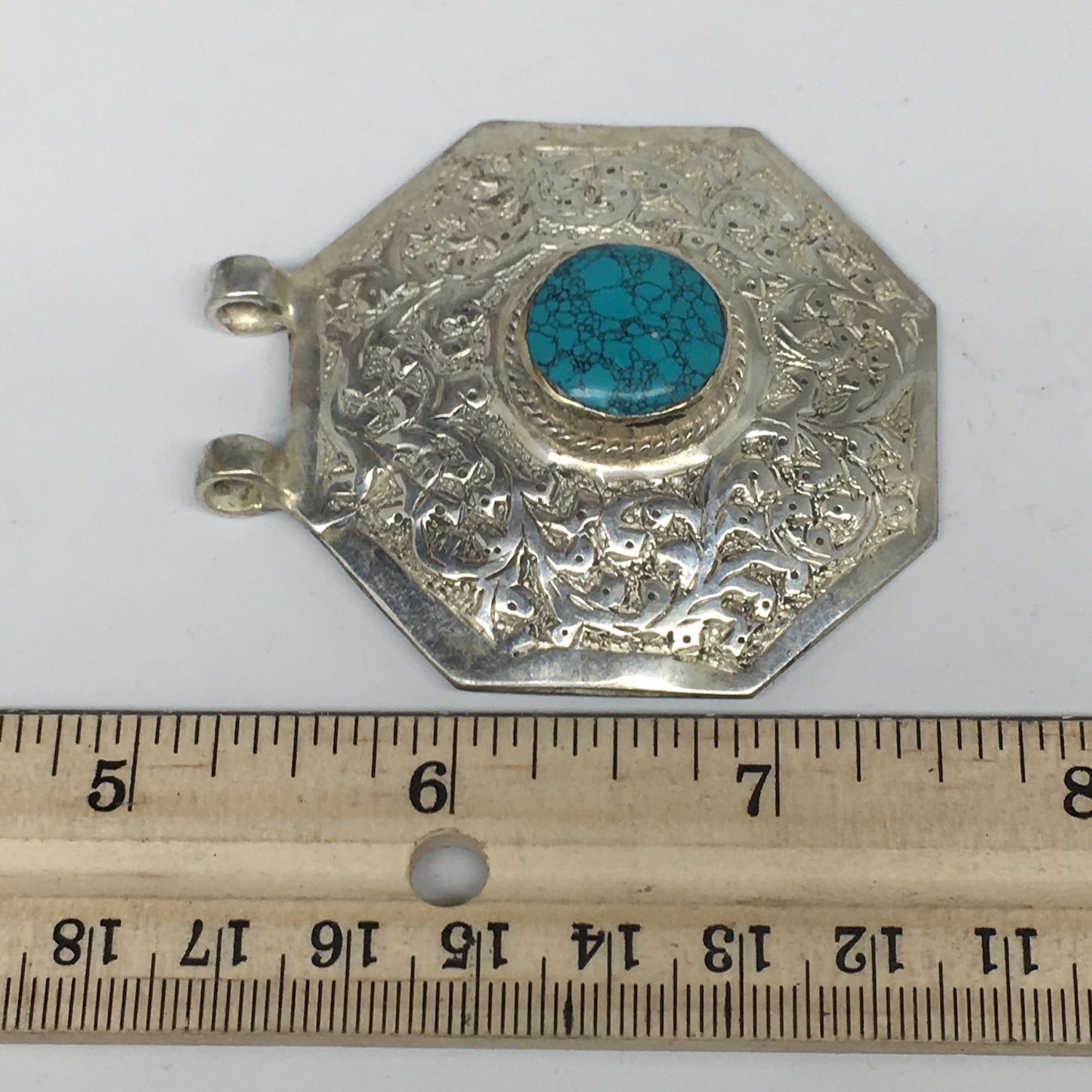 1pc,2.5"x2.4"x0.5",Turkmen Pendant Green Turquoise Inlay Octagon Shape,TN583
