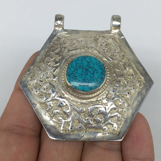 1pc,2.4"x2.4"x0.6",Turkmen Pendant Green Turquoise Inlay Hexagon Shape,TN584