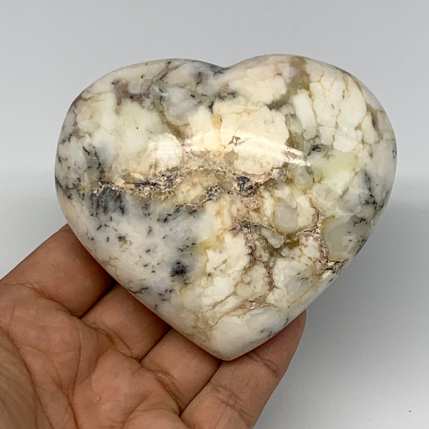 319.6g, 3"x3.4"x1.8" Dendrite Opal Heart Polished Healing Crystal Moss, B17753