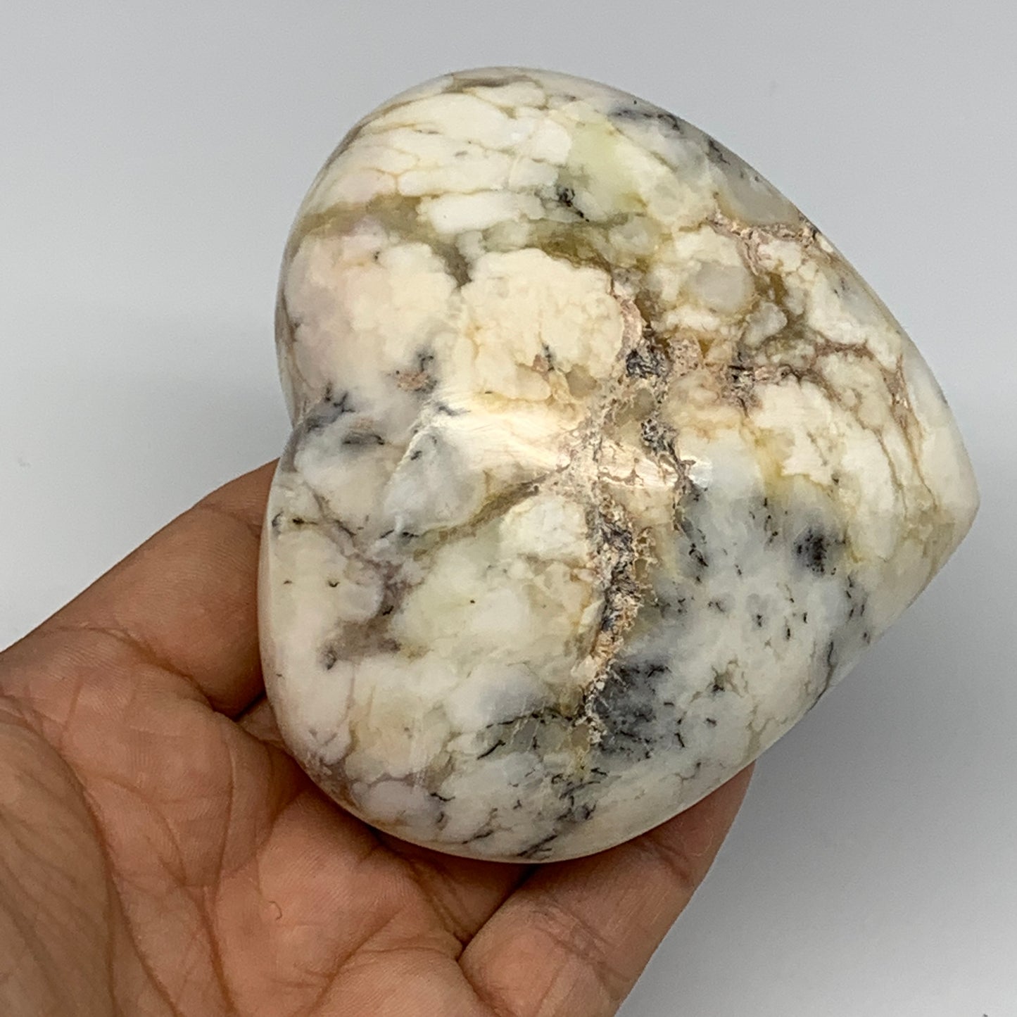 319.6g, 3"x3.4"x1.8" Dendrite Opal Heart Polished Healing Crystal Moss, B17753