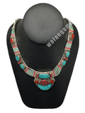Ethnic Tribal Nepalese tribal Green Turquoise & Red Coral Inlay Necklace, E259 - watangem.com