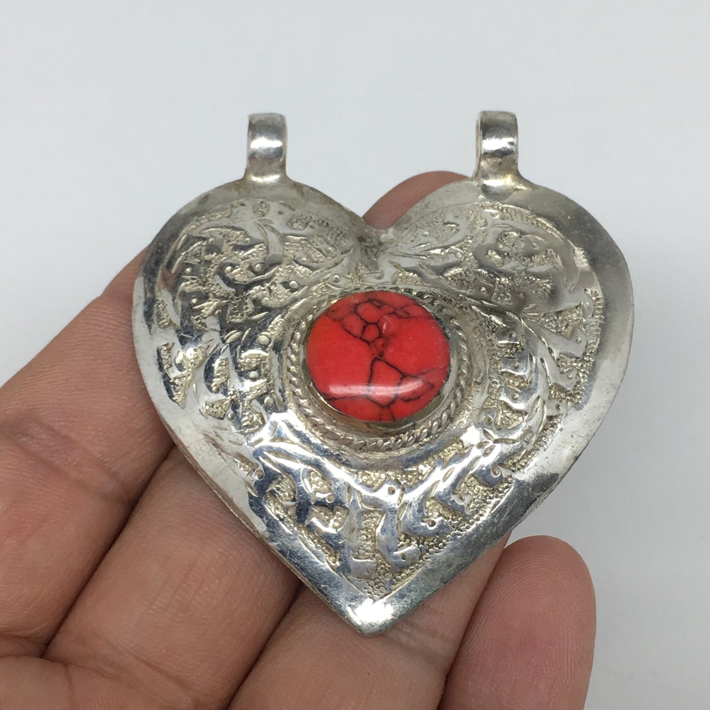 1pc,2.3"x2.1"x0.5",Turkmen Pendant Red Coral Inlay Heart Shape Statement, TN591
