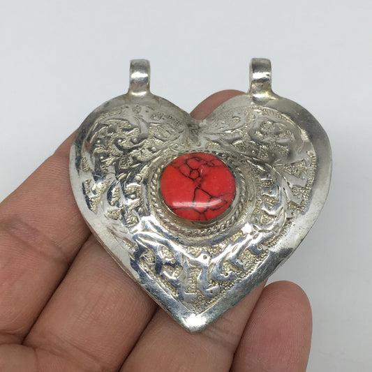 1pc,2.3"x2.1"x0.5",Turkmen Pendant Red Coral Inlay Heart Shape Statement, TN591