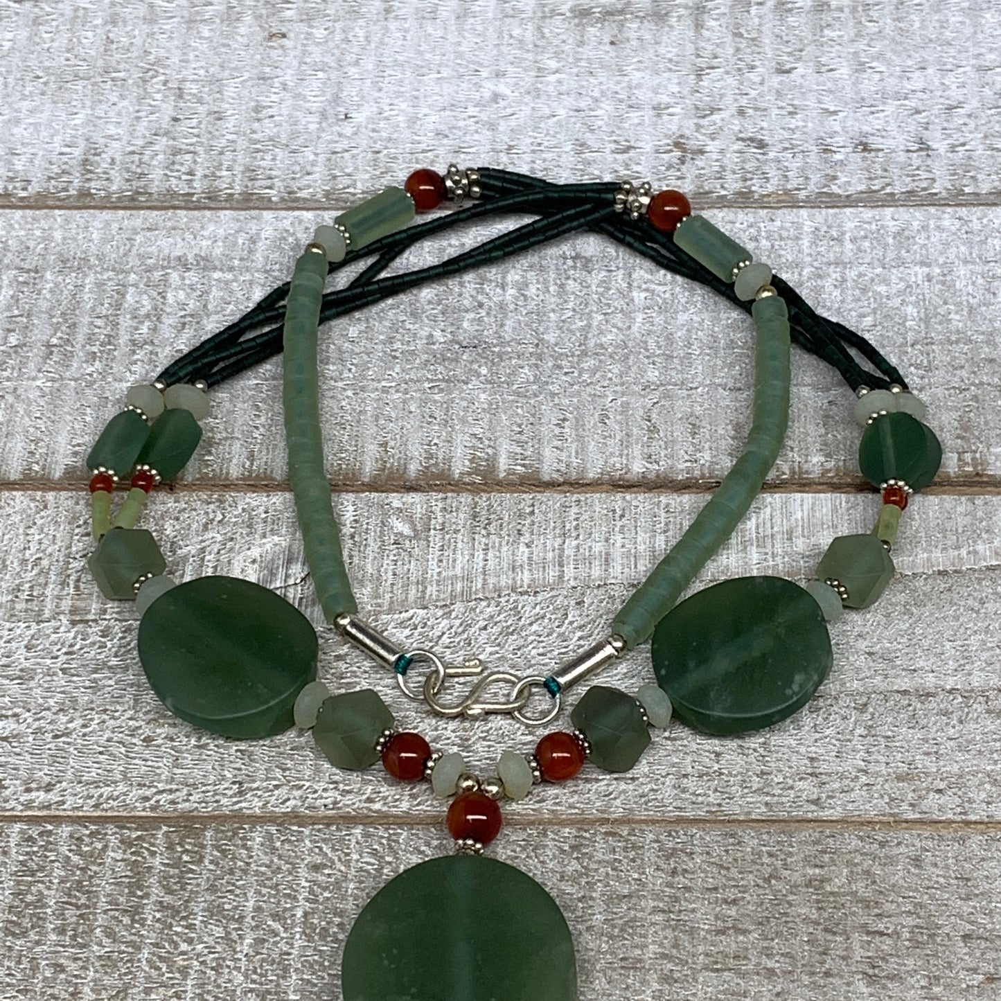 56.6g, 1mm-28mm, 21" Natural Untreated Green Serpentine Beaded Necklace, P231