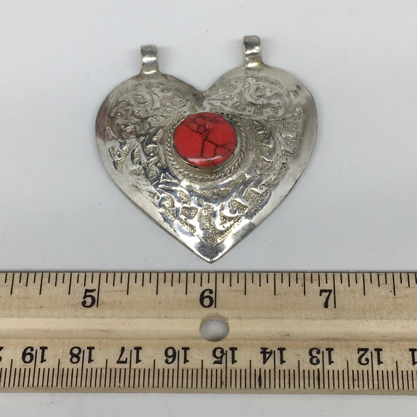 1pc,2.3"x2.1"x0.5",Turkmen Pendant Red Coral Inlay Heart Shape Statement, TN591