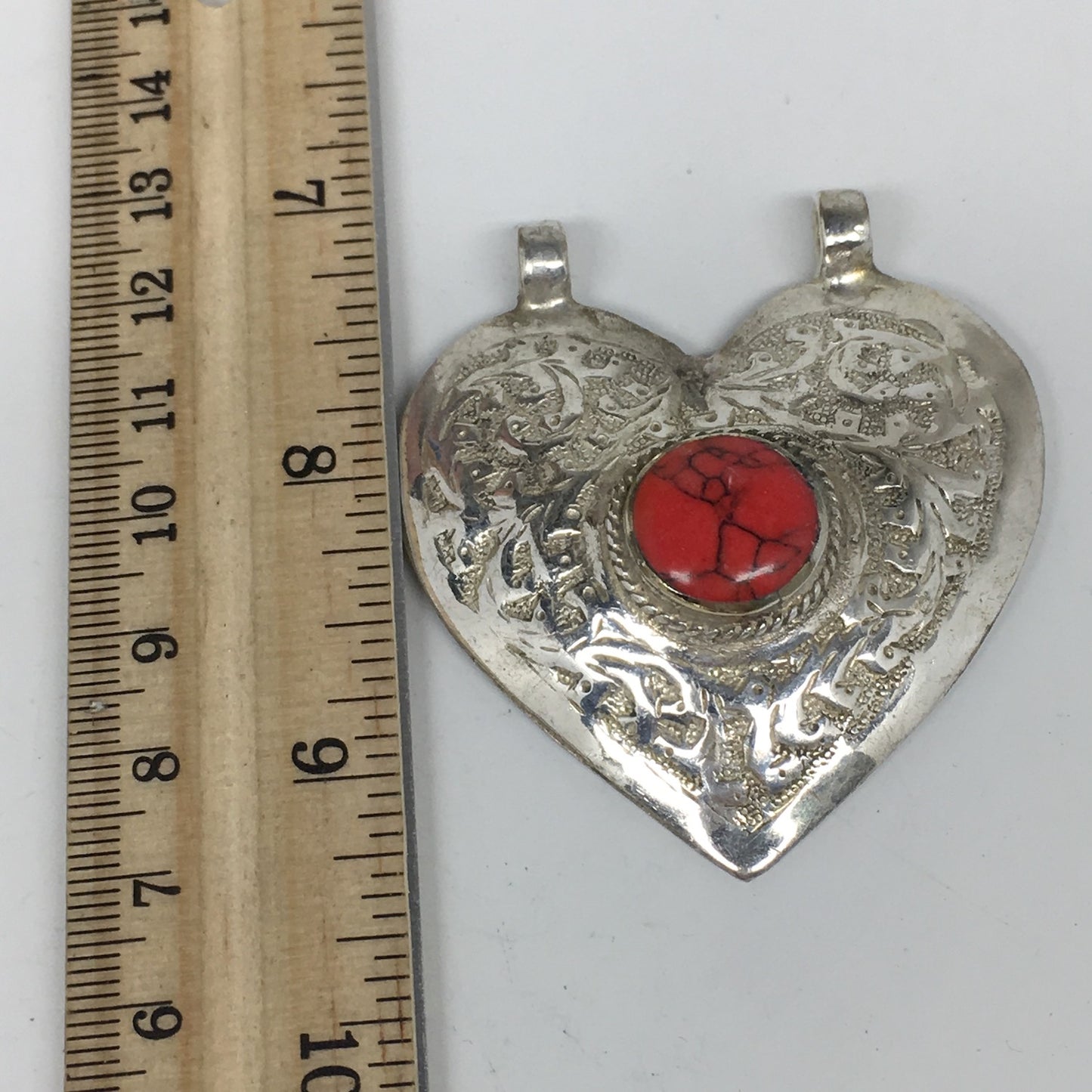1pc,2.3"x2.1"x0.5",Turkmen Pendant Red Coral Inlay Heart Shape Statement, TN591