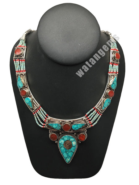 Ethnic Tribal Nepalese tribal Green Turquoise & Red Coral Inlay Necklace, E265 - watangem.com
