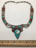 Ethnic Tribal Nepalese tribal Green Turquoise & Red Coral Inlay Necklace, E265 - watangem.com