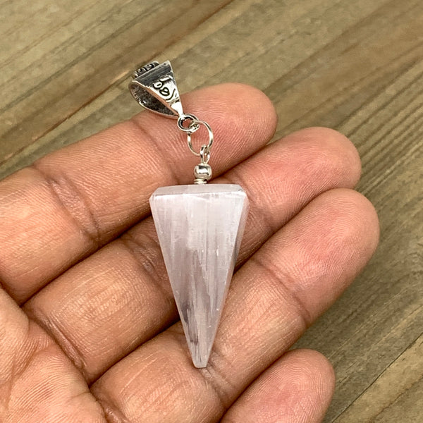 1pc, 7-10g, 1.1"-1.2" Selenite Pendant 4 Side Cone Shape Polished from Morocco,
