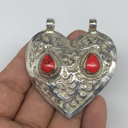 1pc,2.3"x2.1"x0.5",Turkmen Pendant Red Coral Inlay Heart Shape Statement, TN593
