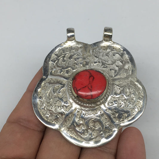 1pc,2.5"x2.3"x0.6",Turkmen Pendant Red Coral Inlay Flower Shape Statement, TN595