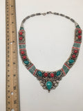 Ethnic Tribal Nepalese Green Turquoise & Red Coral Inlay Bib Boho Necklace,E269