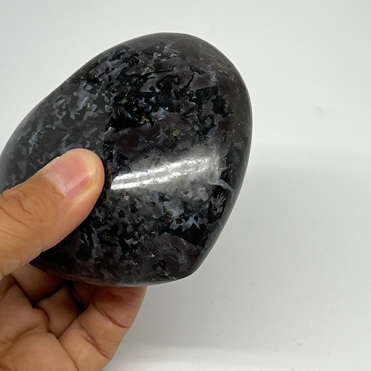 420g,3.2"x3.5"x1.5" Indigo Gabro Merlinite Heart Gemstone @Madagascar, B19965