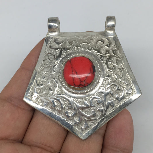 1pc,2.5"x2.3"x0.6",Turkmen Pendant Red Coral Inlay Square Shape Statement,TN597