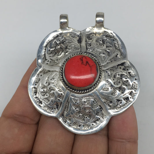 1pc,2.5"x2.2"x0.5",Turkmen Pendant Red Coral Inlay Flower Shape Statement,TN599