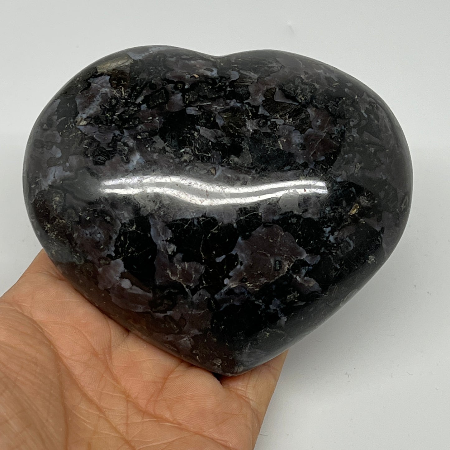 630g,3.5"x4.1"x1.8" Indigo Gabro Merlinite Heart Gemstone @Madagascar, B19968