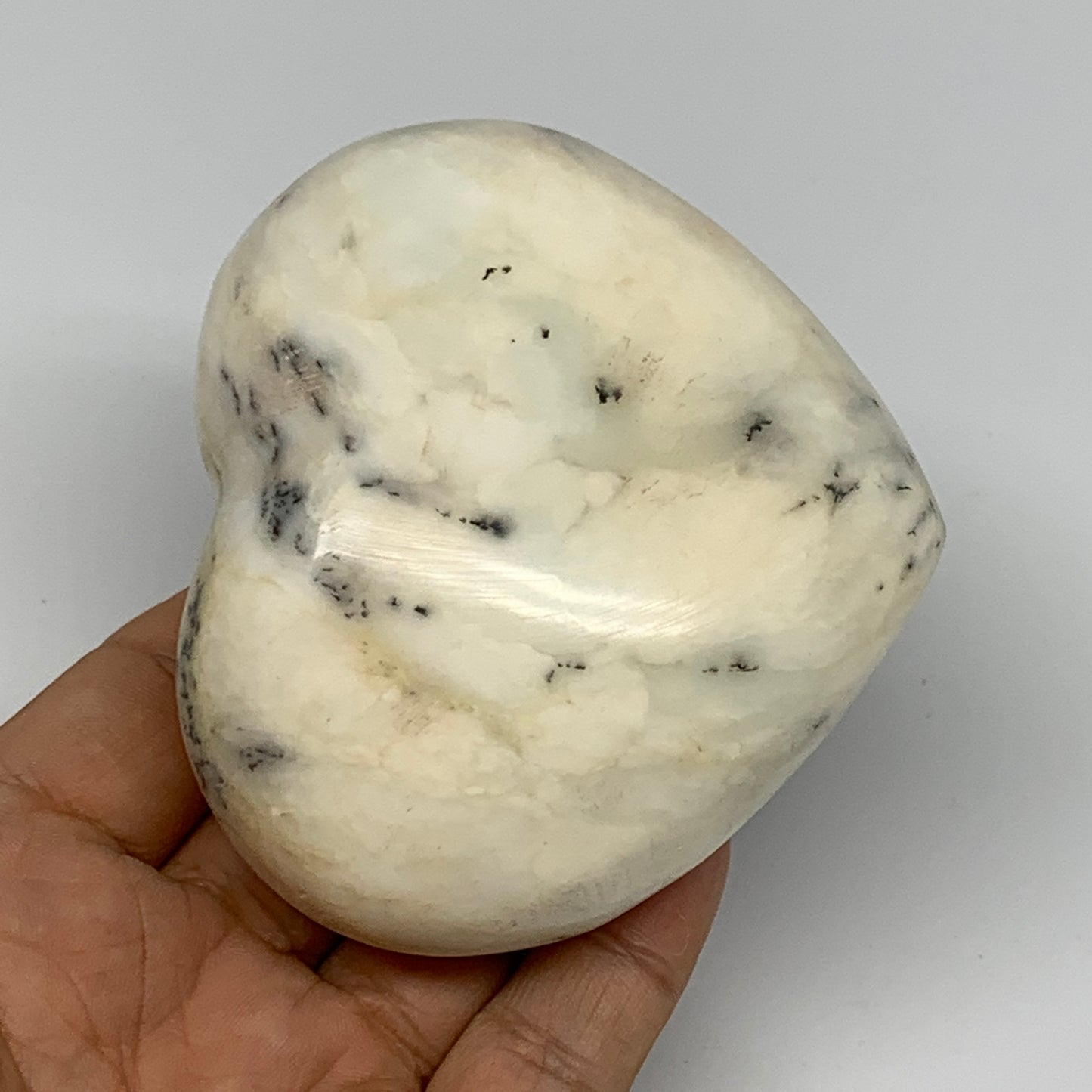 313.6g, 3"x3.4"x1.8" Dendrite Opal Heart Polished Healing Crystal Moss, B17763