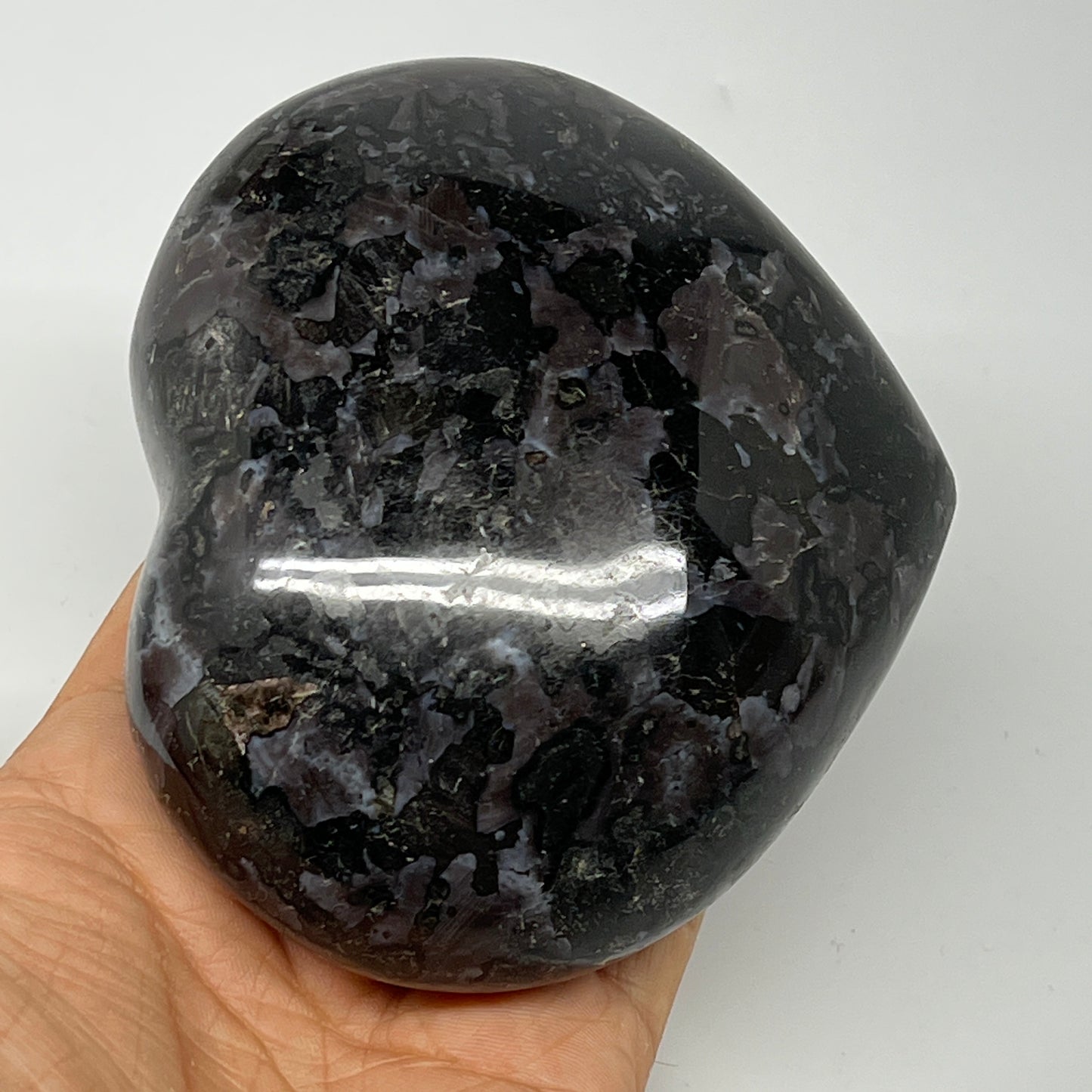 630g,3.5"x4.1"x1.8" Indigo Gabro Merlinite Heart Gemstone @Madagascar, B19968
