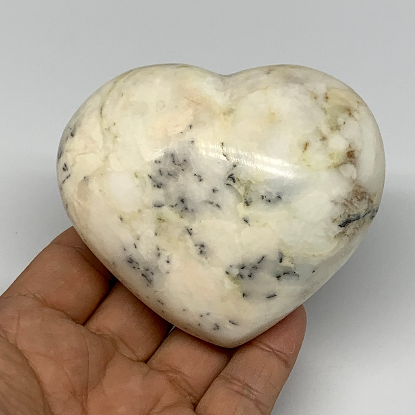 313.6g, 3"x3.4"x1.8" Dendrite Opal Heart Polished Healing Crystal Moss, B17763