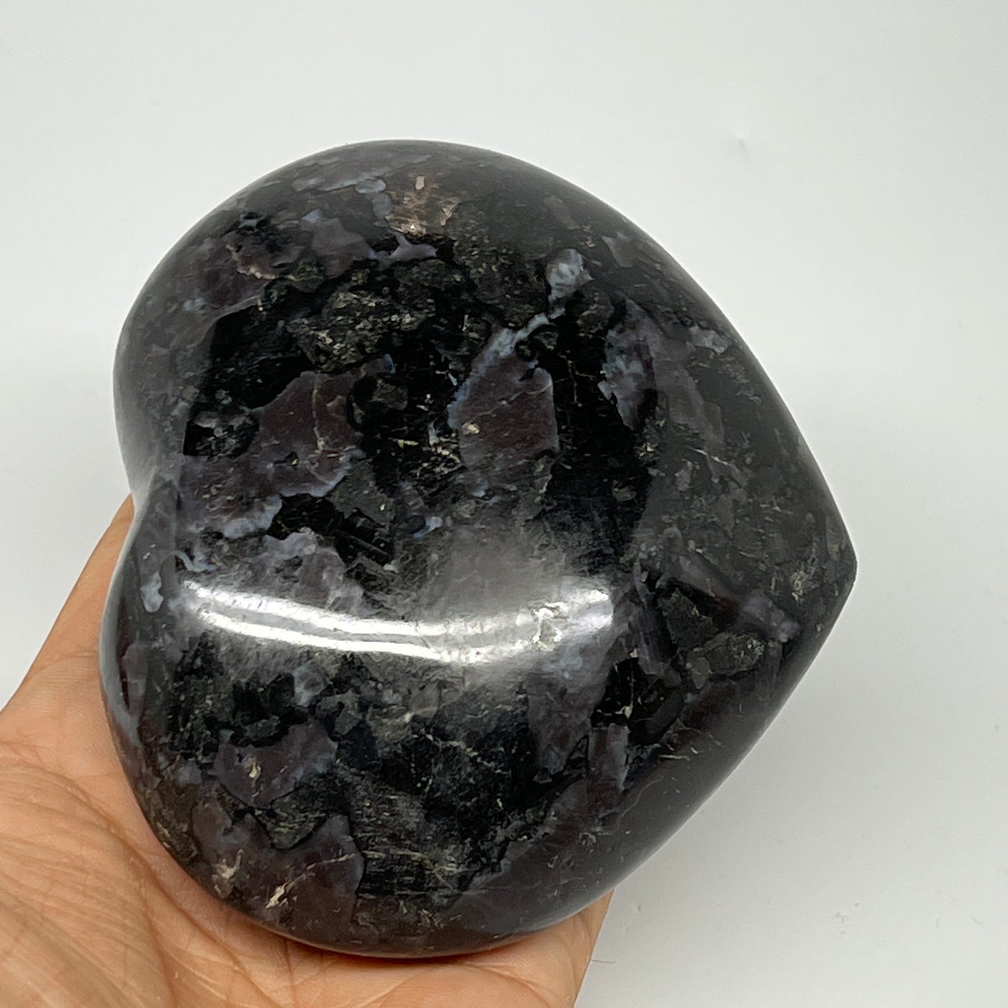 630g,3.5"x4.1"x1.8" Indigo Gabro Merlinite Heart Gemstone @Madagascar, B19968