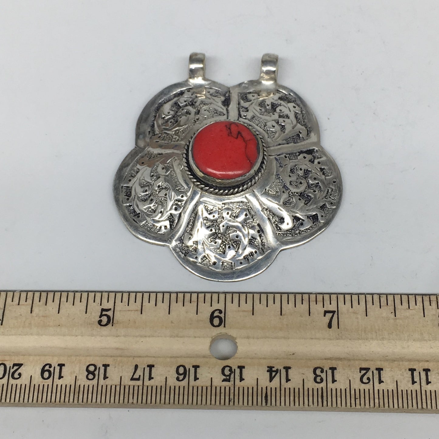 1pc,2.5"x2.2"x0.5",Turkmen Pendant Red Coral Inlay Flower Shape Statement,TN599