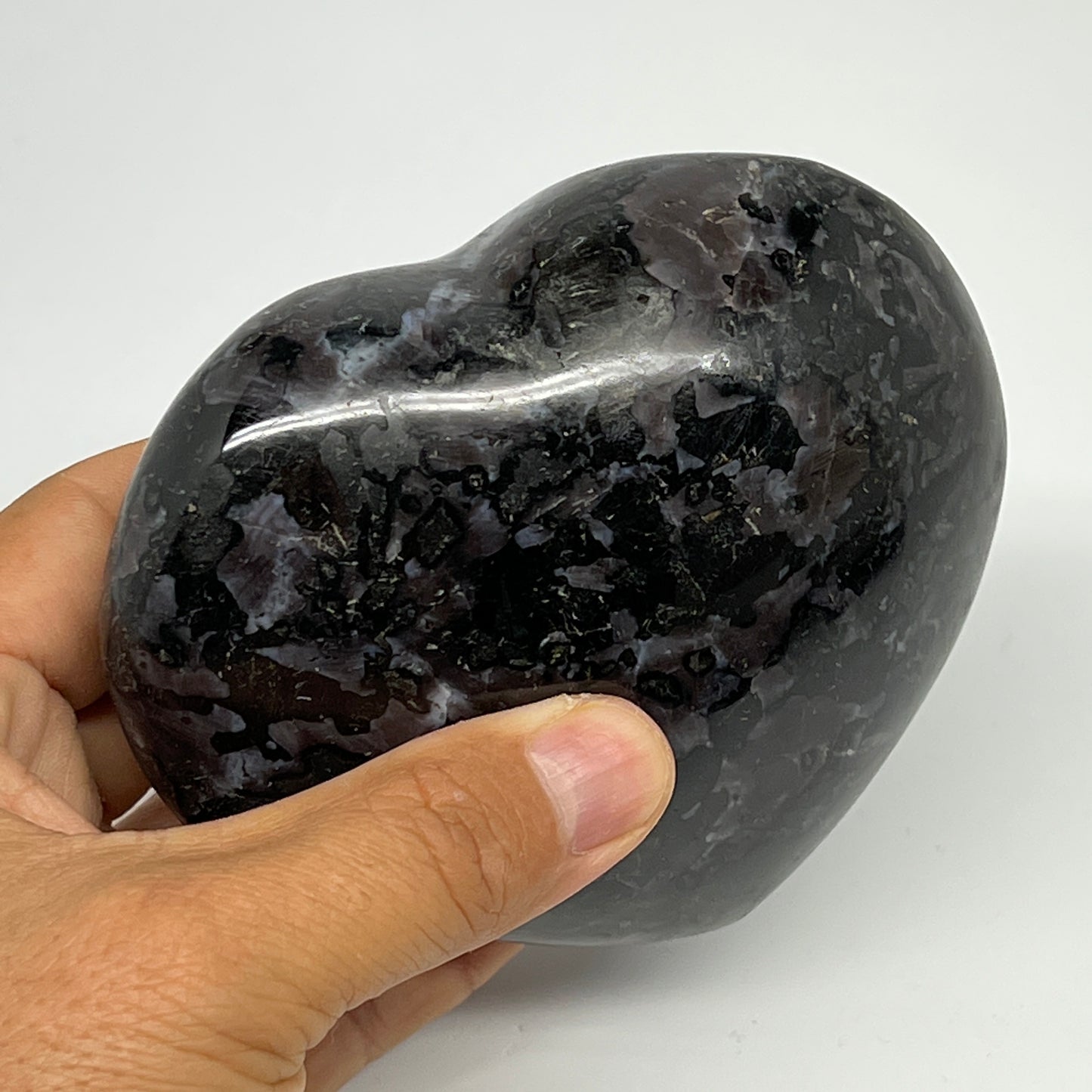 630g,3.5"x4.1"x1.8" Indigo Gabro Merlinite Heart Gemstone @Madagascar, B19968