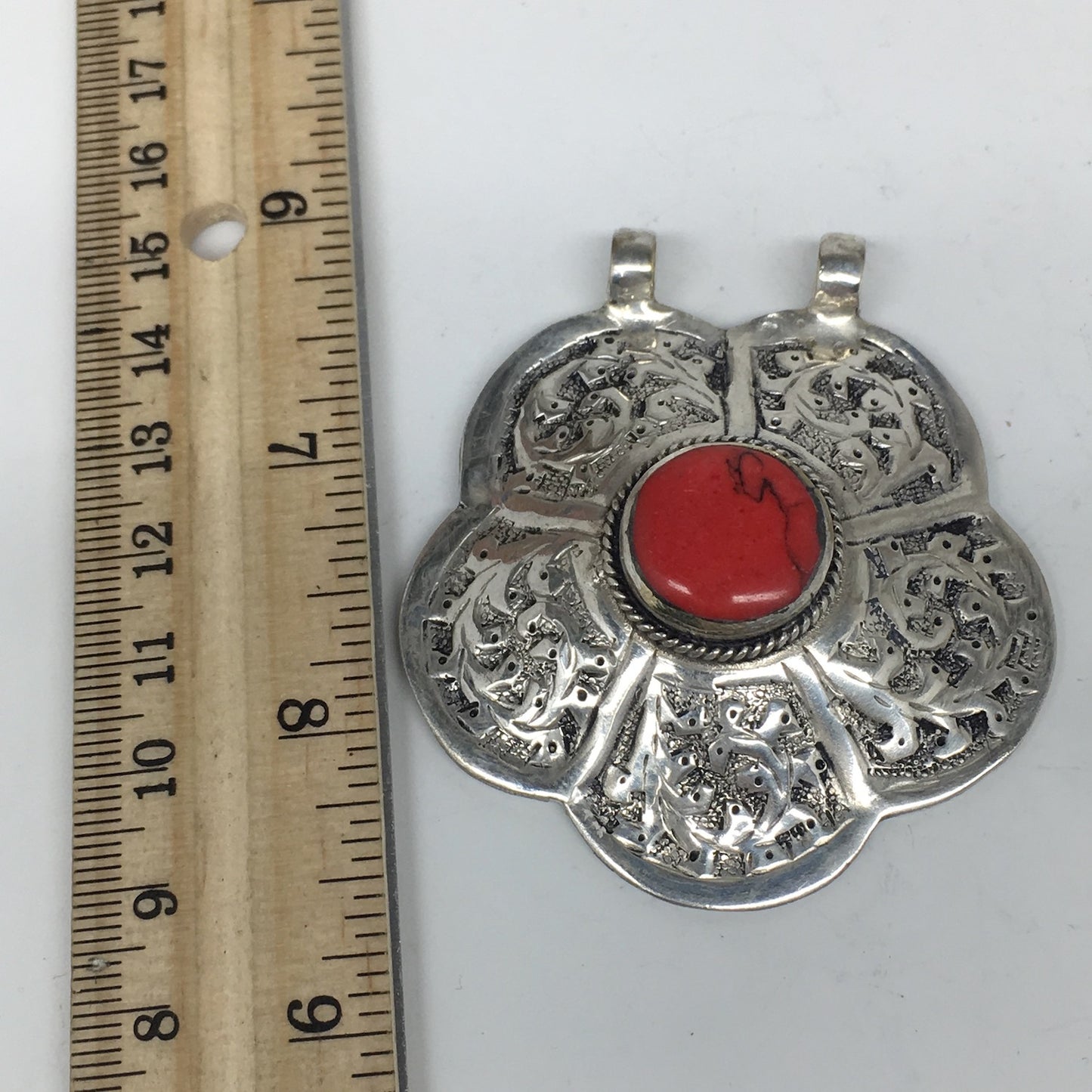 1pc,2.5"x2.2"x0.5",Turkmen Pendant Red Coral Inlay Flower Shape Statement,TN599