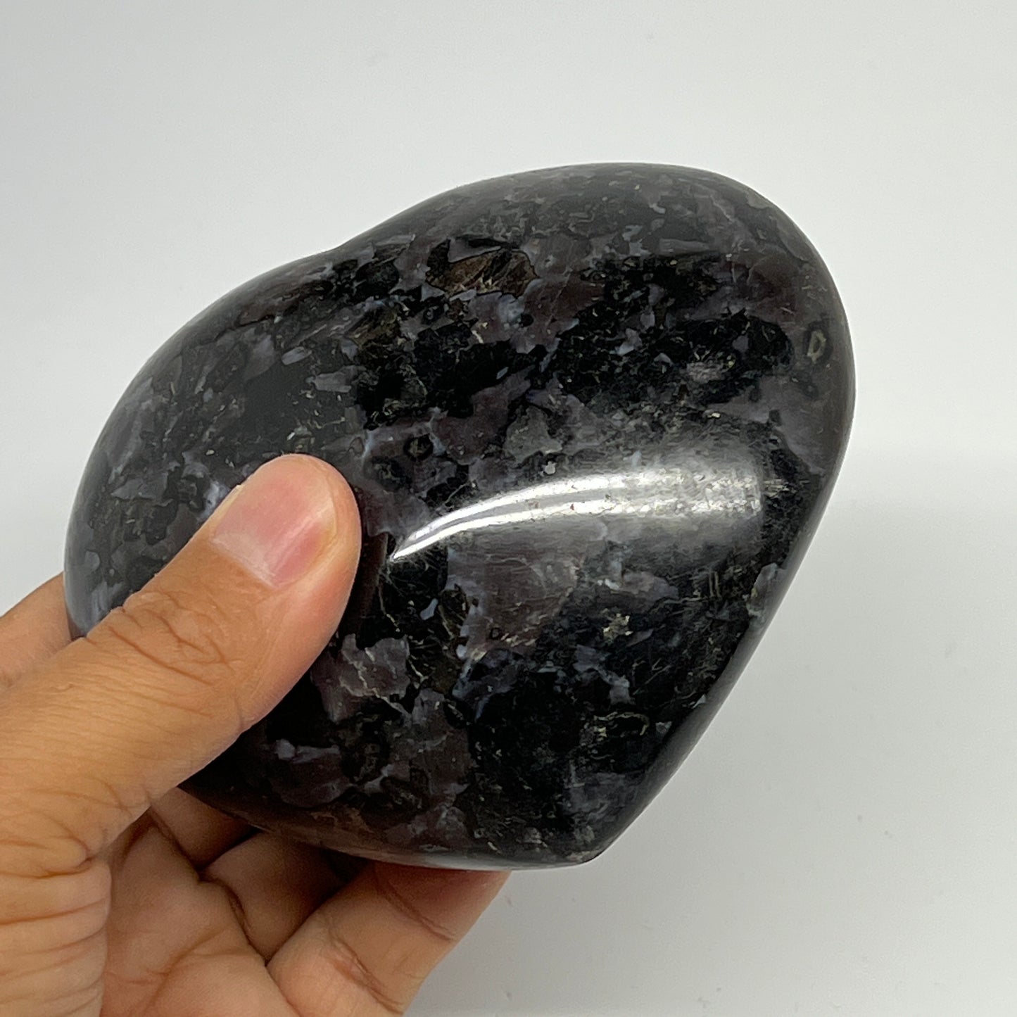630g,3.5"x4.1"x1.8" Indigo Gabro Merlinite Heart Gemstone @Madagascar, B19968