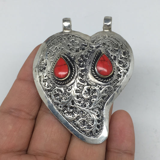 1pc,2.6"x2"x0.6",Turkmen Pendant Red Coral Inlay Drop Shape Statement,TN600