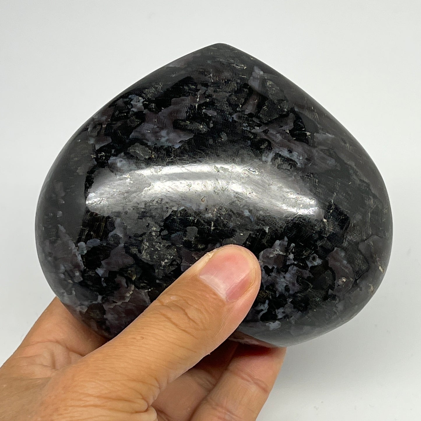 630g,3.5"x4.1"x1.8" Indigo Gabro Merlinite Heart Gemstone @Madagascar, B19968