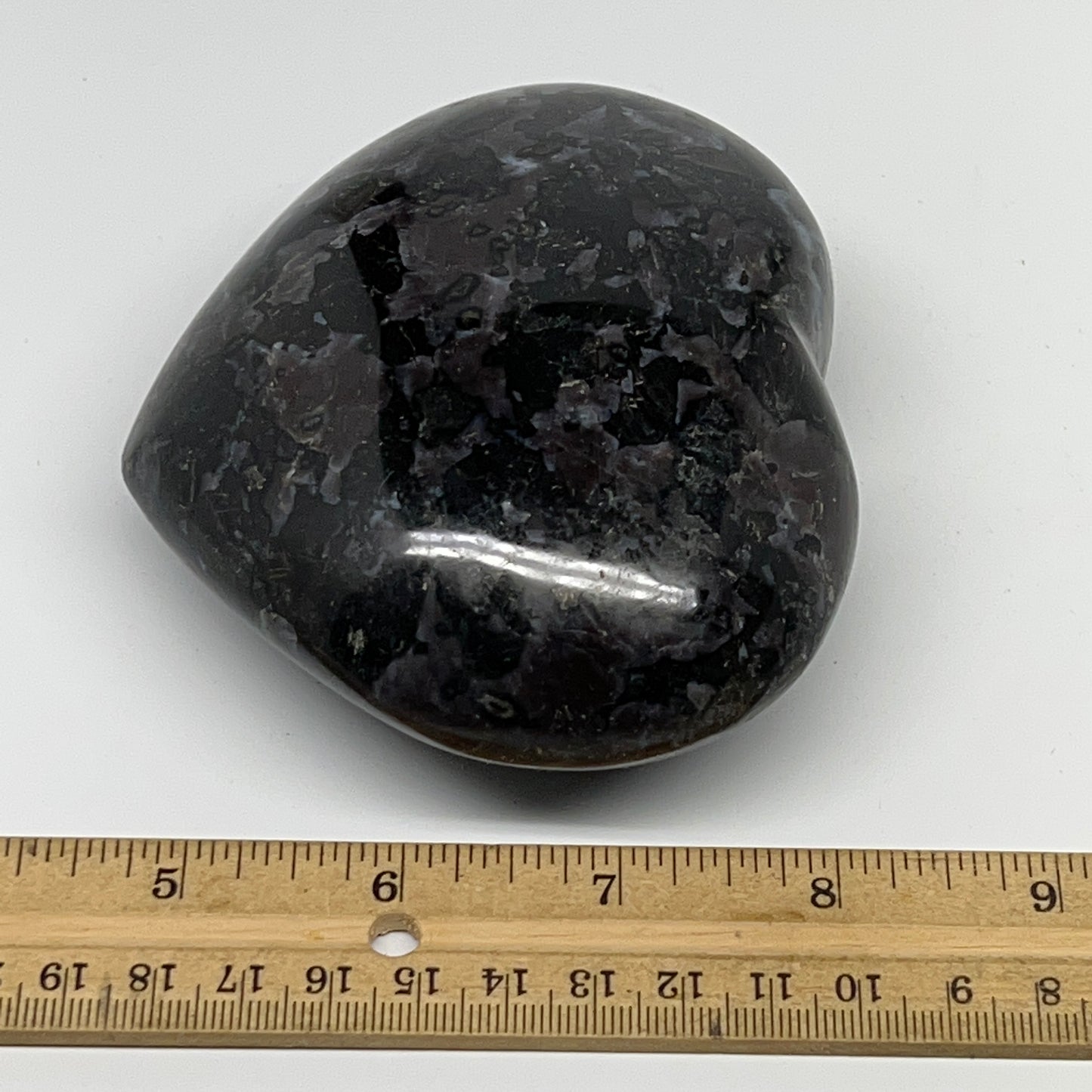 630g,3.5"x4.1"x1.8" Indigo Gabro Merlinite Heart Gemstone @Madagascar, B19968