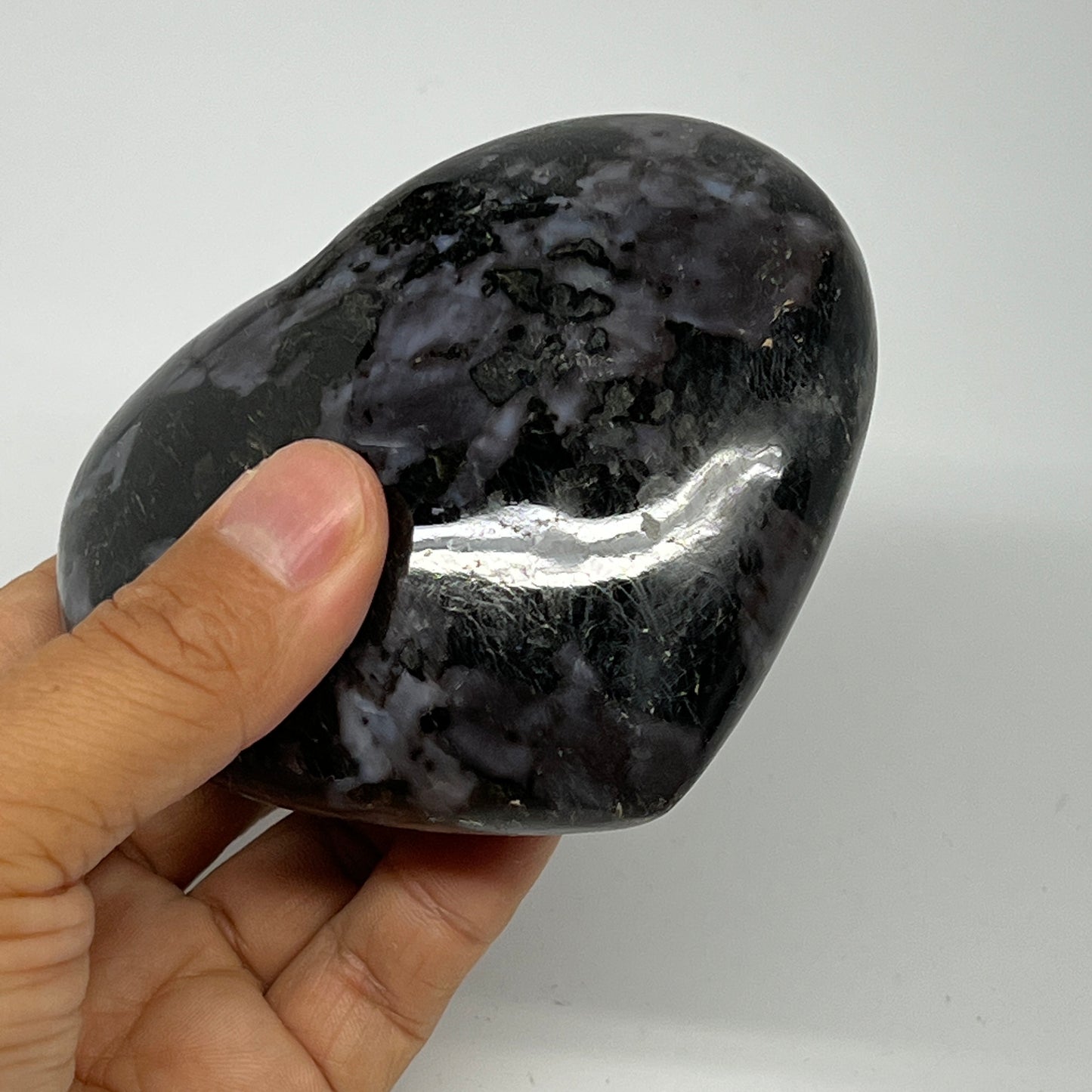 441.8g,3.2"x3.7"x1.5" Indigo Gabro Merlinite Heart Gemstone @Madagascar, B19969