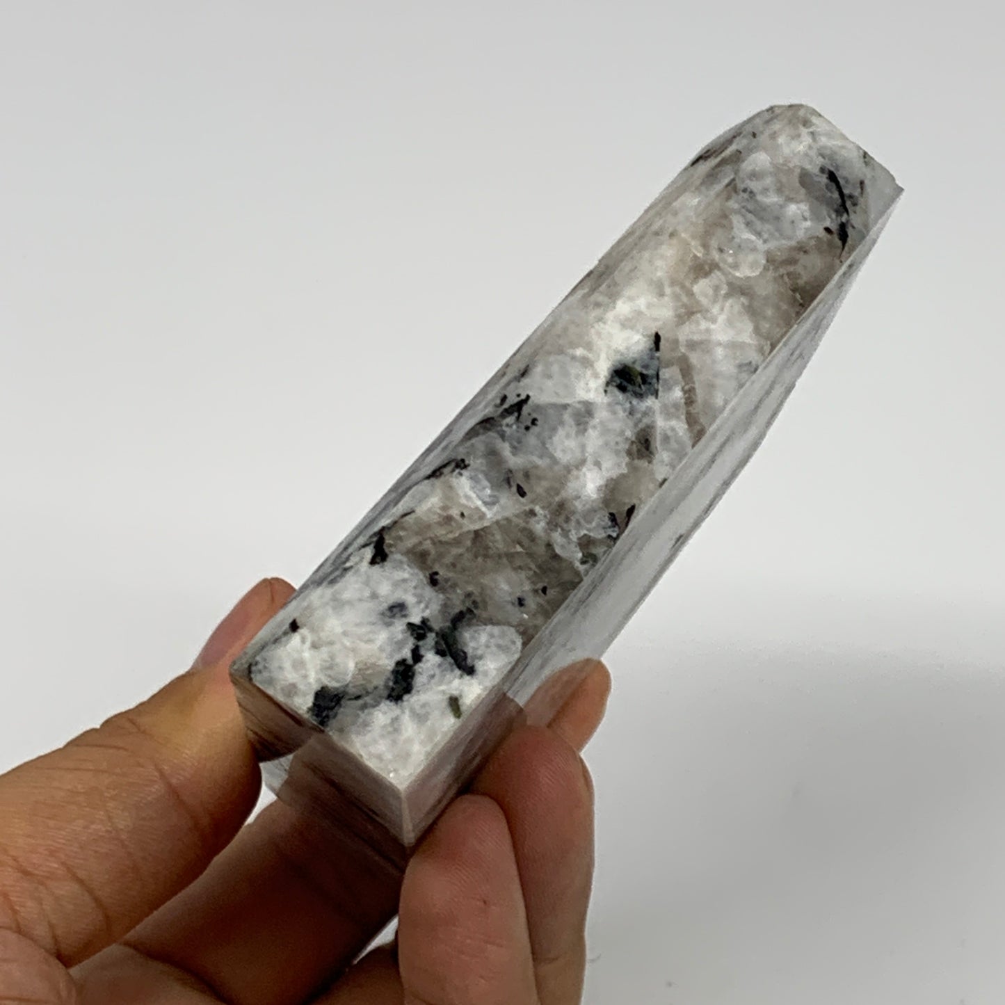 300.8g, 3.3"x3.2"x0.9", Rainbow Moonstone Freeform Crystal Polished @India, B216