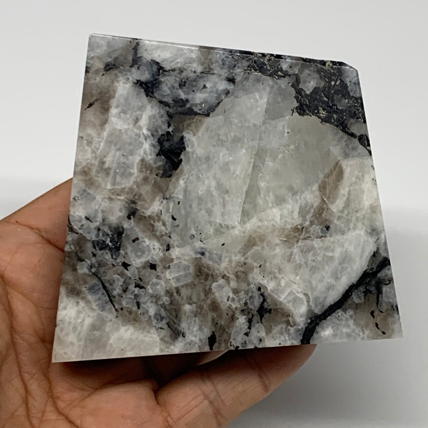 300.8g, 3.3"x3.2"x0.9", Rainbow Moonstone Freeform Crystal Polished @India, B216