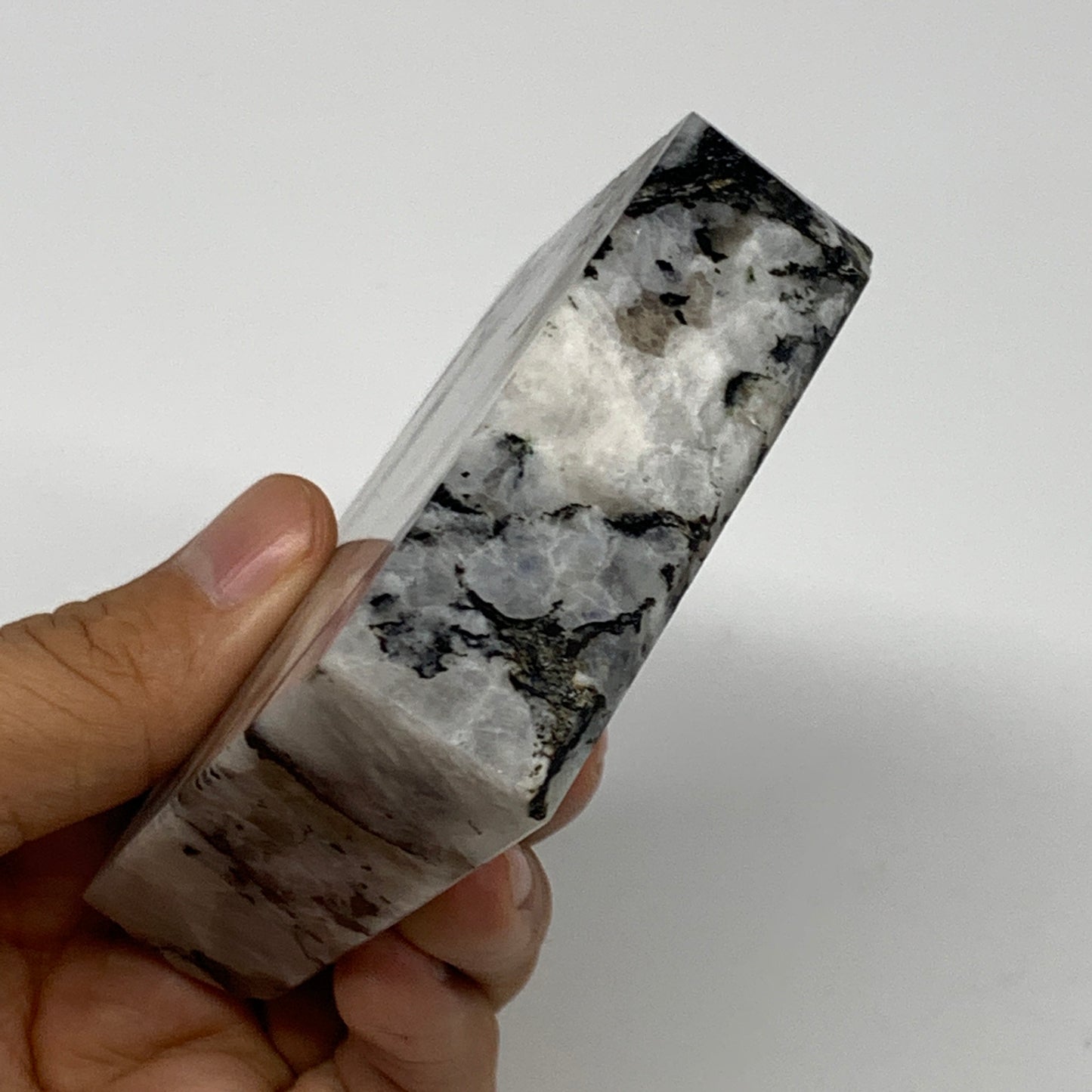 300.8g, 3.3"x3.2"x0.9", Rainbow Moonstone Freeform Crystal Polished @India, B216