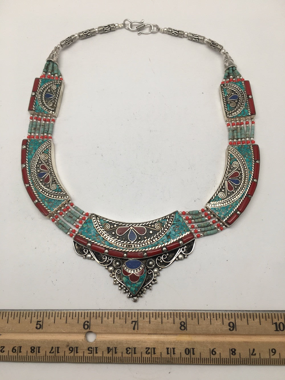 Ethnic Tribal Nepalese Lapis, Green Turquoise & Red Coral Inlay Necklace,E285