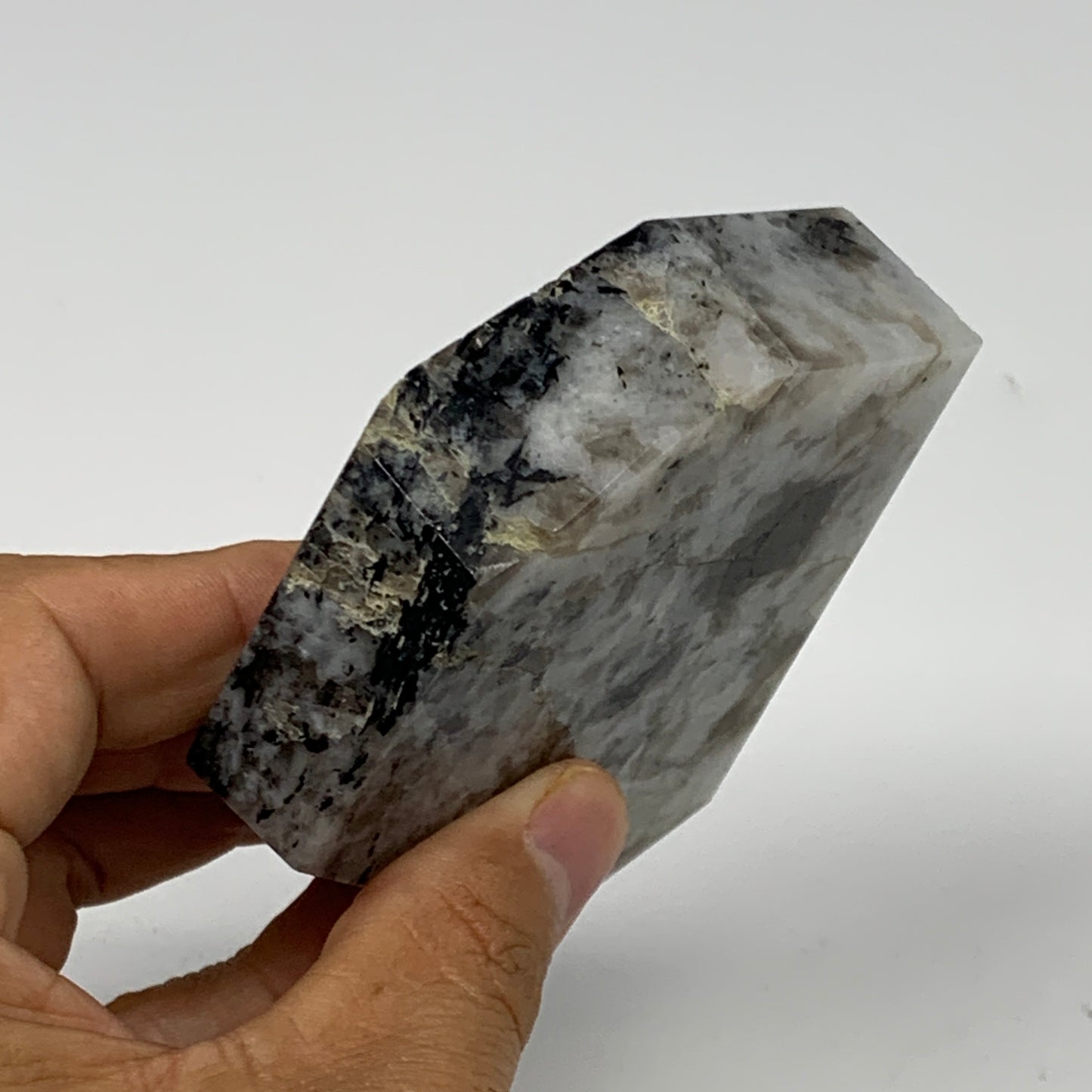 239.5g, 3.4"x3.3"x0.8", Rainbow Moonstone Freeform Crystal Polished @India, B216