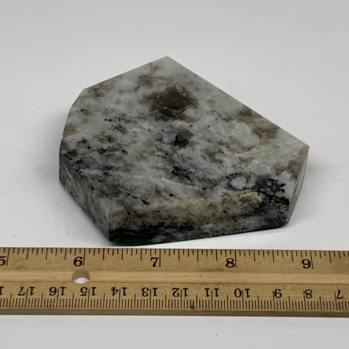 239.5g, 3.4"x3.3"x0.8", Rainbow Moonstone Freeform Crystal Polished @India, B216