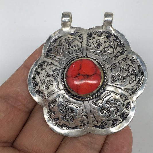 1pc,2.3"x2.2"x0.6",Turkmen Pendant Red Coral Inlay Flower Shape Statement,TN606
