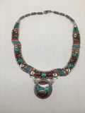 Ethnic Tribal Nepalese Green Turquoise & Red Coral Inlay Statement Necklace,E296