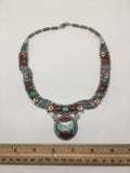 Ethnic Tribal Nepalese Green Turquoise & Red Coral Inlay Statement Necklace,E296