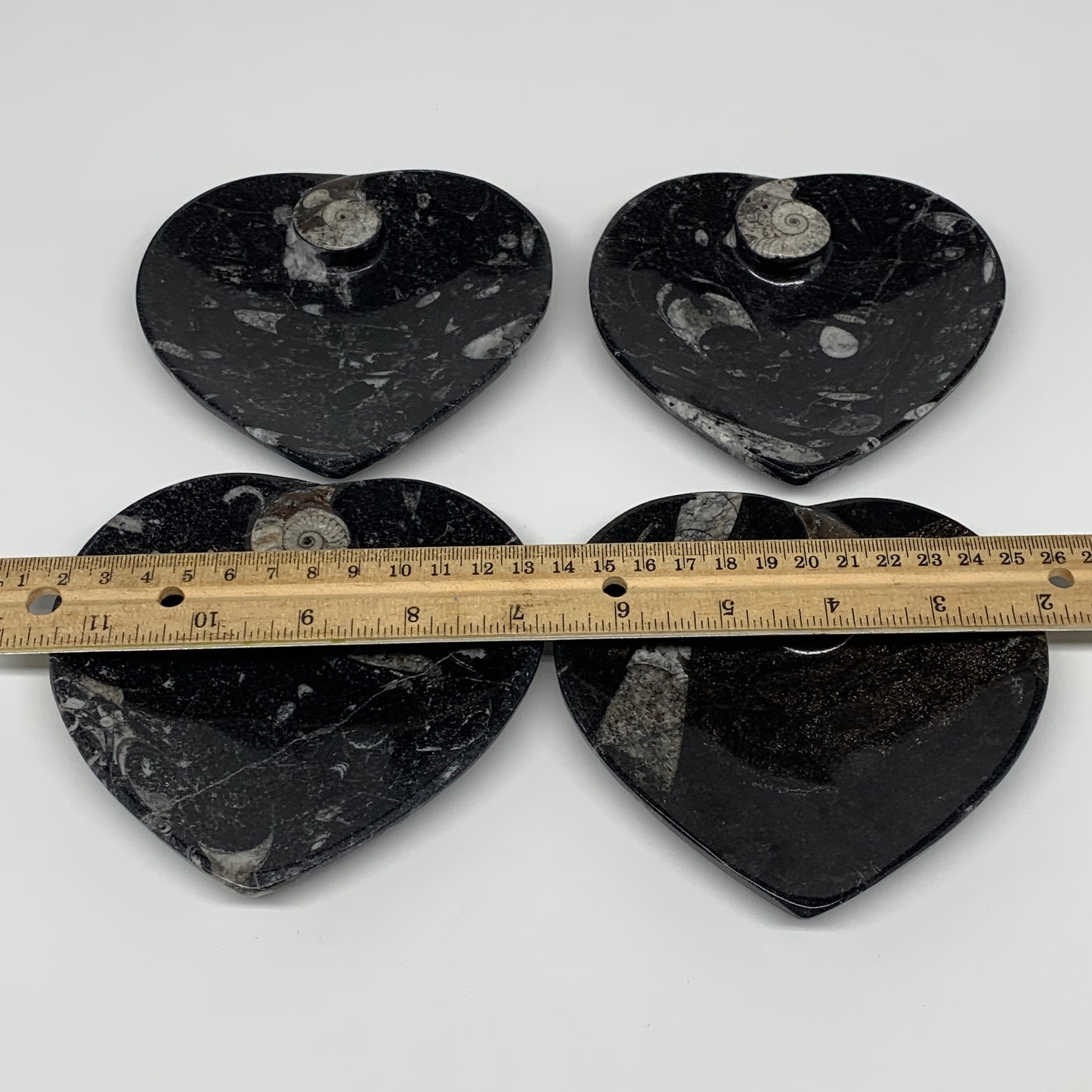 4Pcs, 4.8"x4.7" Small Heart Fossils Orthoceras Ammonite Bowls @Morocco, B8786