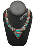 Ethnic Tribal Nepalese Green Turquoise & Red Coral Inlay Statement Necklace,E304